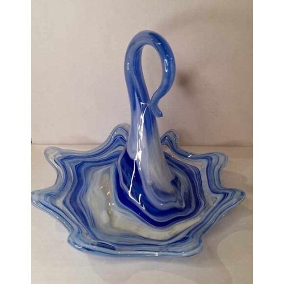 HANDMADE BLOWN SWIRL GLASS ART PIECE BLUE WHITE ONE-OF-A-KIND SERVING DISH - Picture 6 of 10
